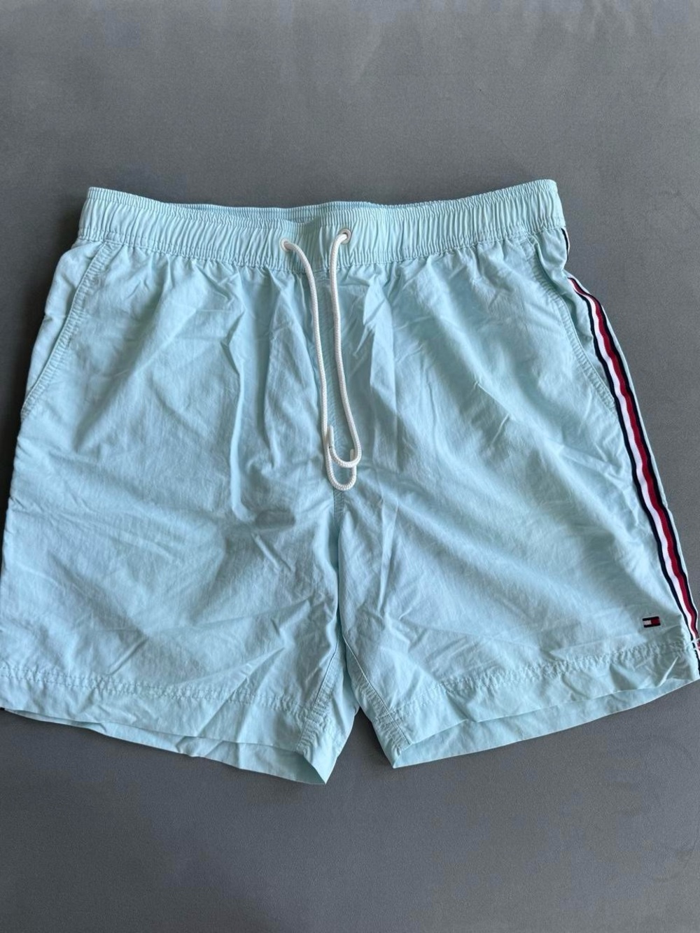 Tommy Hilfiger Light Blue Swim Trunks with Red White Navy Side Stripe